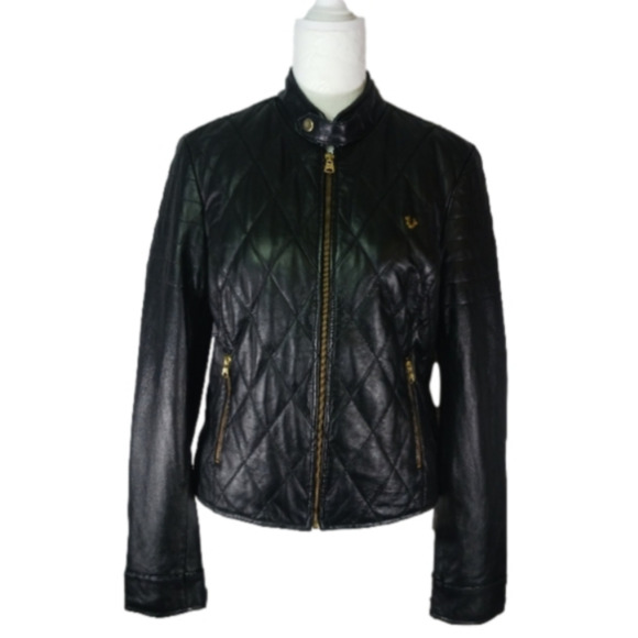 True Religion Jackets & Blazers - True Religion Black With Gold Detail Quilted Sheep Leather Moto Bomber J…